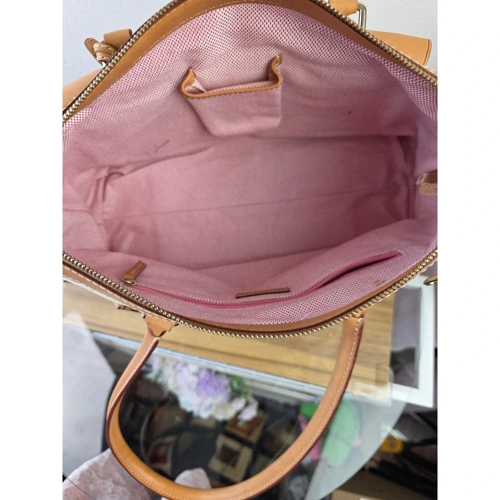Dooney & Bourke Signature Monogram Canvas Satchel Tan Leather Trim Bag